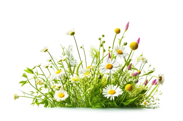 Zdjęcie wiosenna trawa i kwiaty margaretki na białym tle.
