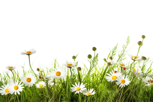 Zdjęcie wiosenna trawa i kwiaty margaretki na białym tle.