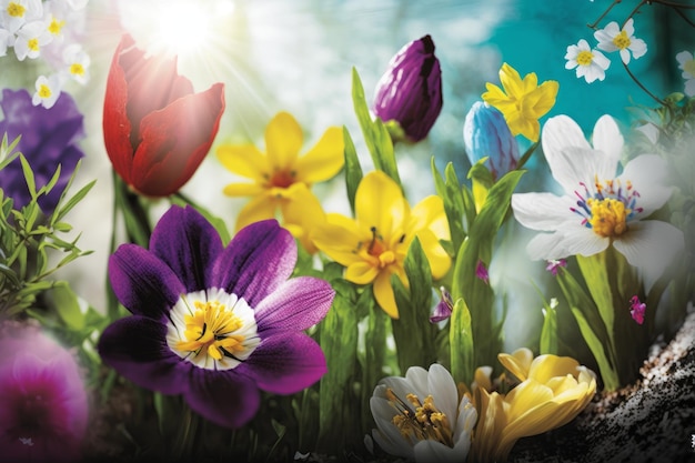 Wiosenne kwiaty krokus tulipan żonkil Generatywna sztuczna inteligencja