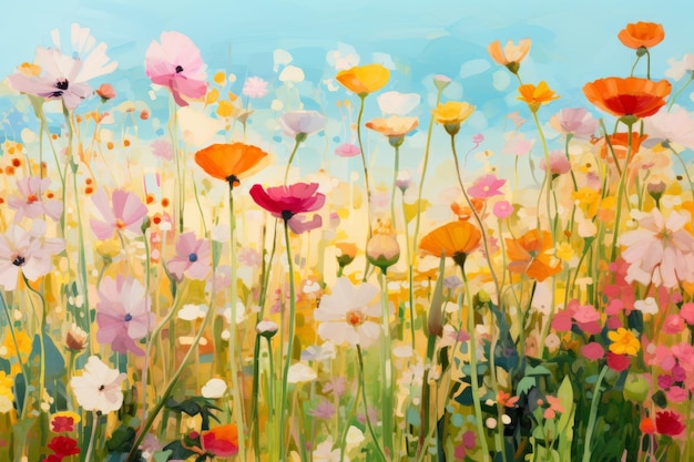 Wiosenne kwiaty na łące Piękna ilustracja obraz generatywnej sztucznej inteligencji