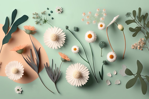 Zdjęcie wiosenne kwiaty na pastelowym tle przyprawy kompozycji kwiatowej leżały płasko z generatywną sztuczną inteligencją
