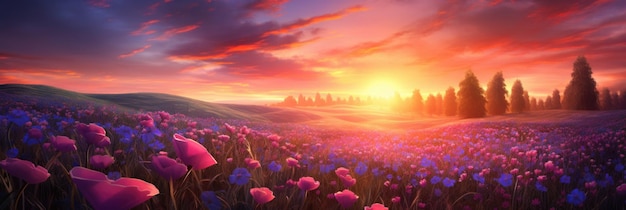 wiosenne kwiaty na polu o zachodzie słońca