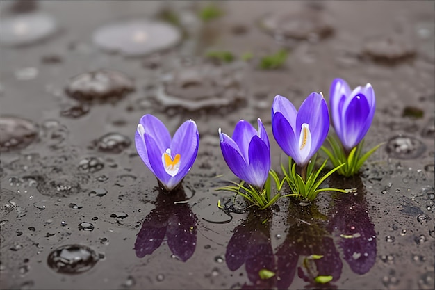 Wiosenne kwiaty niebieskich krokusów w kroplach wody na tle śladów kropli deszczu