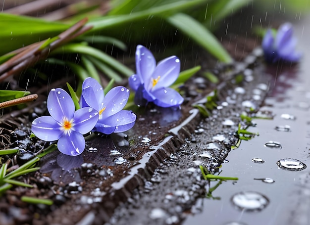 Wiosenne kwiaty niebieskich krokusów w kroplach wody na tle śladów kropli deszczu