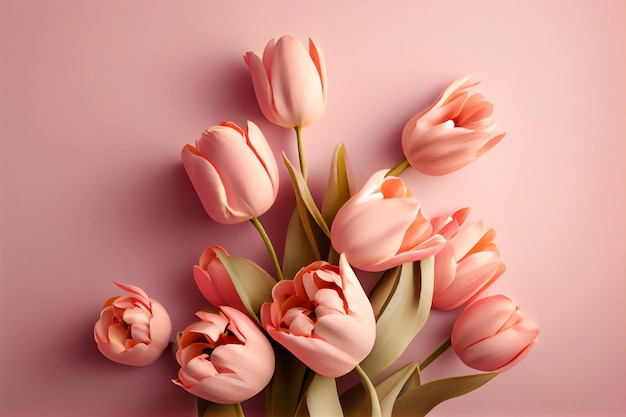 Wiosenne kwiaty tulipanów na różowym tle widok z góry w płaskim stylu świeckim Powitanie na dzień kobiet lub matki lub wiosenną wyprzedaż transparent Generative Ai