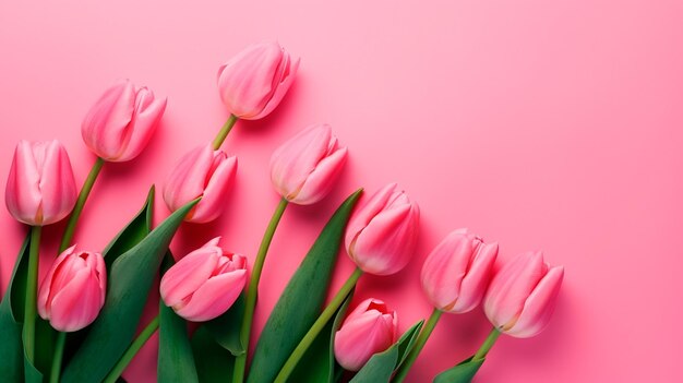 Wiosenne kwiaty tulipanów na różowym tle widok z góry w płaskim stylu świeckim Powitanie na dzień kobiet lub matki lub wiosenną wyprzedaż transparent Generative Ai