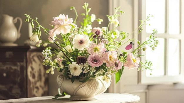 Wiosenne kwiaty w vintage wazonie piękne układy kwiatowe dekoracja domu ślub i projekt kwiaciarni
