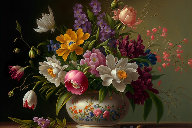 Wiosenne kwiaty w wazonie, Obraz olejny, Martwy obraz, generatywny Ai