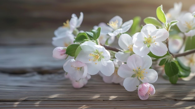 Wiosenne kwitnące gałęzie na drewnianym tle Kwiaty jabłka Generatywna sztuczna inteligencja