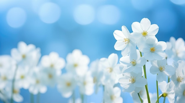 Wiosenne leśne białe kwiaty pierwiosnek na pięknym niebieskim generatywnym ai
