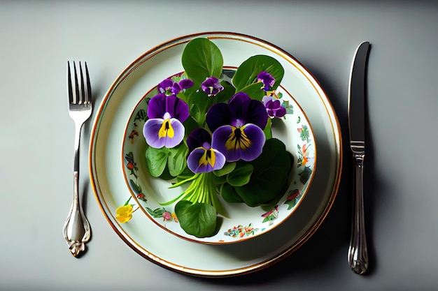 Wiosenne nakrycie stołu z kwiatem altówki Generative Ai