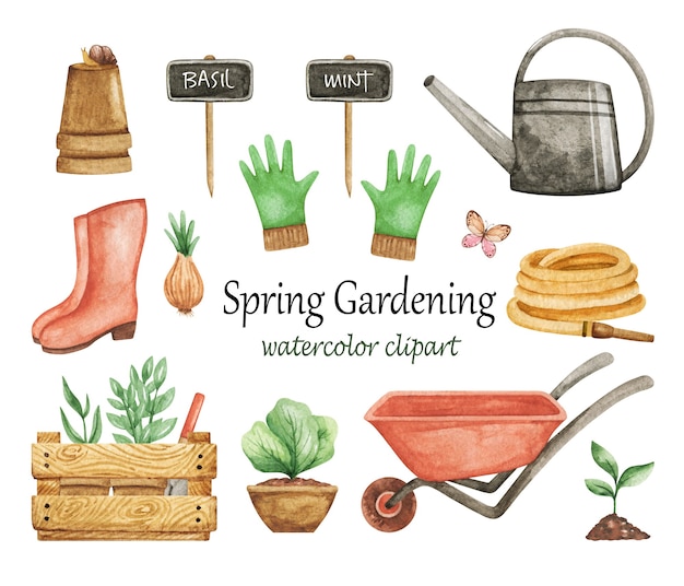 Wiosenne ogrodnictwo clipart akwarela, zestaw narzędzi ogrodniczych, taczka, rękawiczki, konewka na białym tle