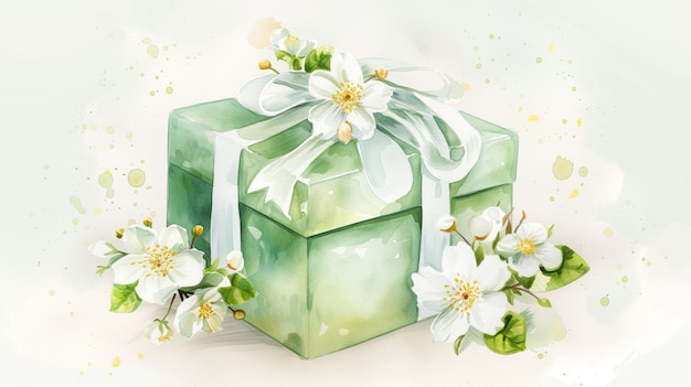 Wiosenne pudełko podarunkowe z białymi kwiatami i pastelową ilustracją wstążką