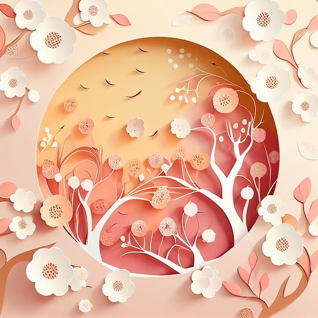 Wiosenne sakura wiśniowe tło w stylu cięcia papieru Generative AI