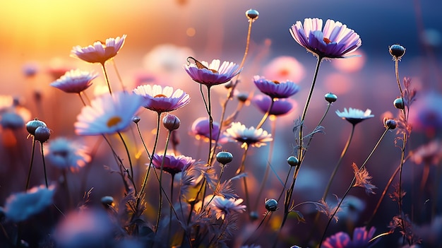 Zdjęcie wiosenne tło z kolorowymi kwiatami i motylami latającymi piękna scena przyrody z kwitnącym drzewem i rozbłyskiem słońca