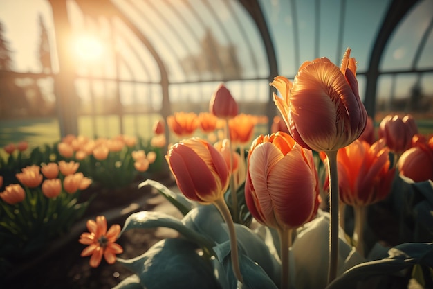 Wiosenne tulipany w porannej słonecznej ilustracji szklarni Generative AI