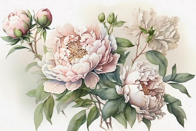 Wiosenny akwarelowy obraz bukietu piwonii na białym tle Projekt różowych kwiatów na pocztówkowy letni baner Obraz jest generowany przez AI Projekt szablonu Rysunek farby Kwiatowy wzór