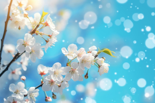 Wiosenny baner z gałęziami kwitnących wiśni na niebieskim tle Generatywna sztuczna inteligencja