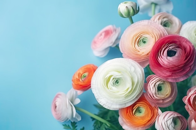 Wiosenny bukiet kwiatów ranunculus na niebieskim pastelowym tle widok z góry w płaskim stylu świeckim Generative AI