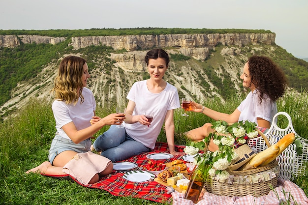 Zdjęcie wiosenny i letni wypoczynek w przyrodzie z pysznym jedzeniem i winem