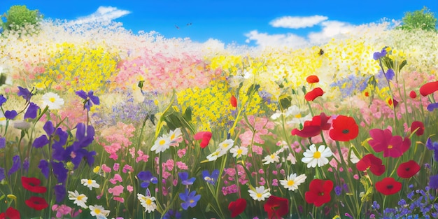 Wiosenny krajobraz kreatywnej AI łąki kwiatowej