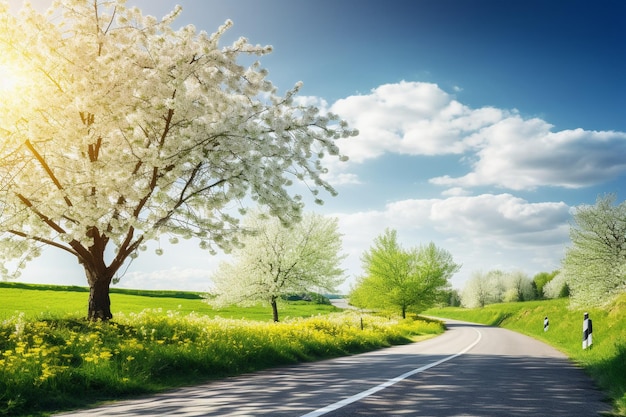 Zdjęcie wiosenny krajobraz z drogą i naturą