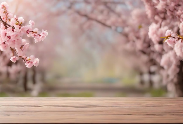 Wiosenny makiet z drewnianym biurkiem i kwitnącymi drzewami