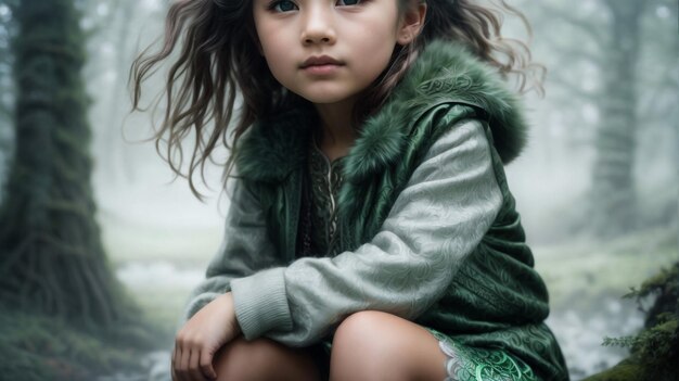 Wiosenny portret pięknej, wymarzonej, kręconej, pięcioletniej dziewczynki spacerującej po kwitnącym ogrodzie.