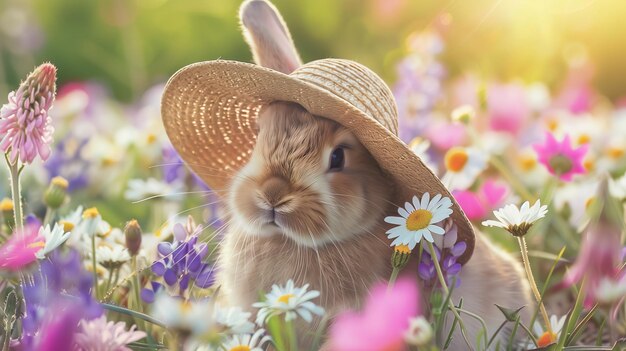 Zdjęcie wiosenny spokój puszkowy królik ukrywa się pod kapeluszem wśród kwiatów