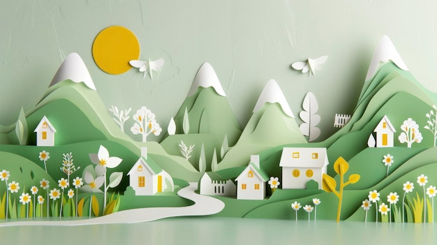 Wiosenny spokój uroczy papierowy krajobraz wioski