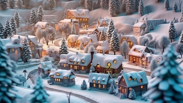 Wioska bożonarodzeniowa ze śniegiem w stylu vintage Zimowy krajobraz wsi