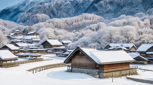 Zdjęcie wioska shirakawago w zimie w japonii