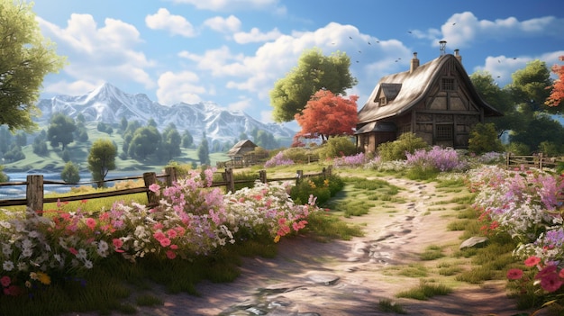 Wioska w górach z kwiatami i ogrodzeniem.