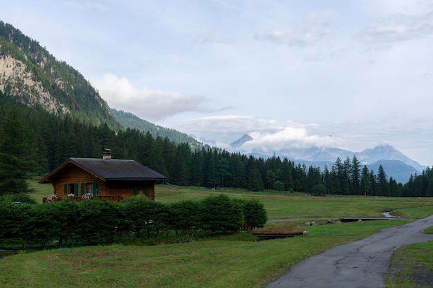 Wioska z pięknym widokiem na europejskie Alpy w oddali Droga wśród natury