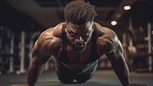 Wiosłowanie z hantlami i trening na siłowni dla treningu czarnego mężczyzny i doskonałej kondycji w klubie fitness Generative AI poważny sportowiec