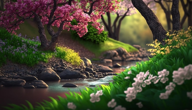 Wiosna krajobraz z kwiatami i drzewami