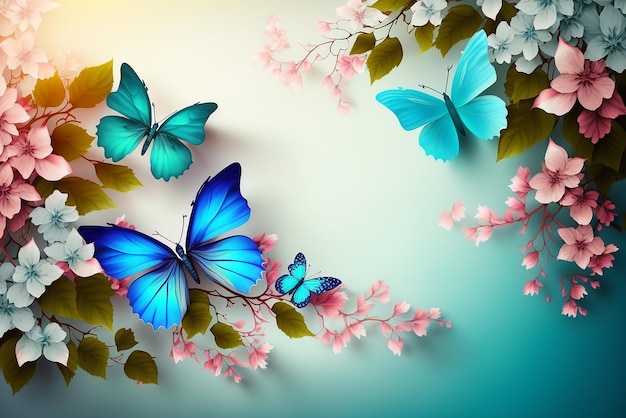 Wiosna kwiatowy tło z niebieskimi motylami na różowych kwiatach kopiuje przestrzeń generatywną ai