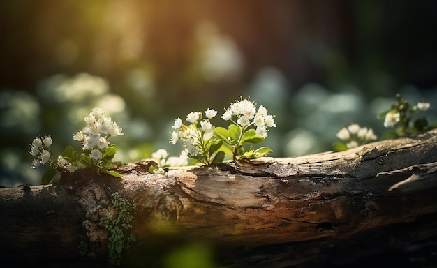 Zdjęcie wiosna kwitnie na otoczaku kamienie w zielonym lesie z defocused bokeh