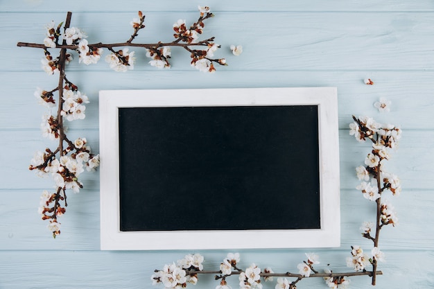 Wiosna kwitnie wiśni kwitnie wokoło blackboard na błękitnym drewnianym tle