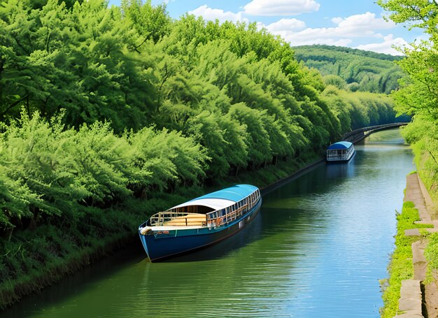 Wiosna lato krajobraz błękitne niebo chmury rzeka łódź zielone drzewa