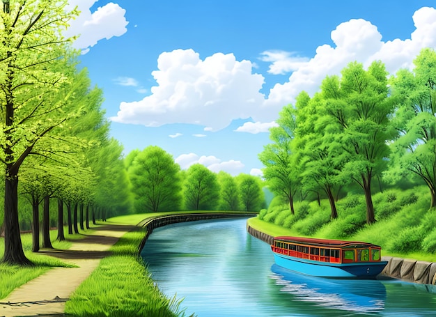 Wiosna lato krajobraz błękitne niebo chmury rzeka łódź zielone drzewa