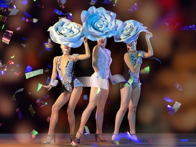 Wiosna. Młode tancerki z ogromnymi kwiatowymi kapeluszami w neonowym świetle na gradientowym tle w konfetti. Zgrabne kobiety tańczą. Koncepcja karnawału, uroczystości, piękna, kwitnienia, wiosennej mody.