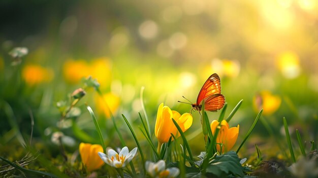 wiosna natura tło wiosna generatywny Ai kwiat motyl lato naturalne łąka dzikie kwiaty