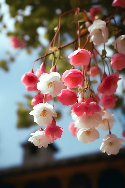 Wiosna super prawdziwe wiele różowych i białych jedwabnych kwiatów jabłoni wiszących na półce różowe i białe płatki błękitne niebo generuje ai
