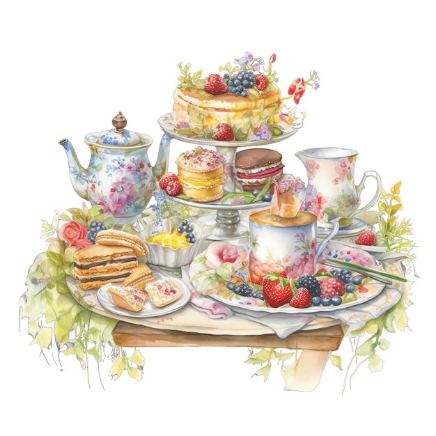 Wiosna tea party jedzenie akwarela ilustracja wiosna clipart