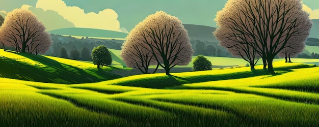 Wiosną w tle Zielona łąka drzew Edukacyjny film animowany ilustracji pięknego letniego krajobrazu doliny z zielonym błękitnym niebem