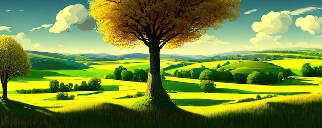 Wiosną w tle Zielona łąka drzew Edukacyjny film animowany ilustracji pięknego letniego krajobrazu doliny z zielonym błękitnym niebem