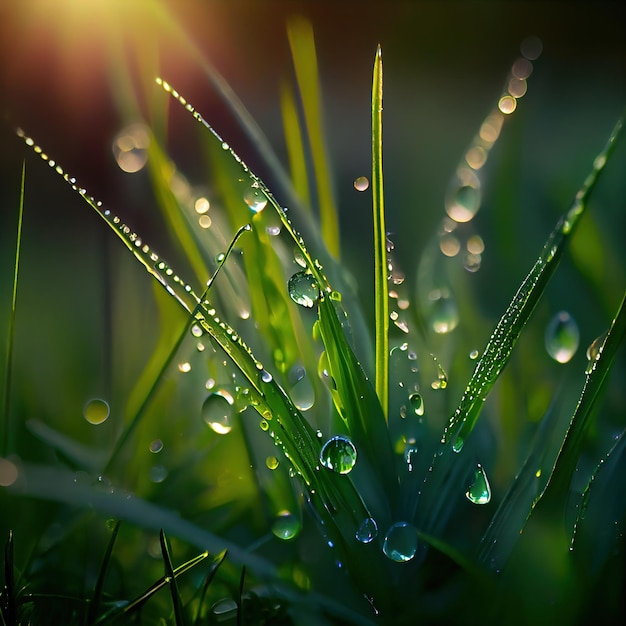 Wiosną zielona trawa z kroplami rosy Zbliżenie mokrej trawy i krople deszczu