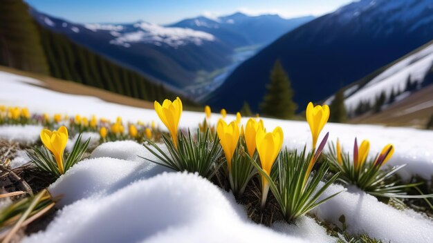 Wiosna żółte kwiaty krokusy w górach śnieżki wczesna wiosna kopię przestrzeni marca kwietnia roślina botaniczna