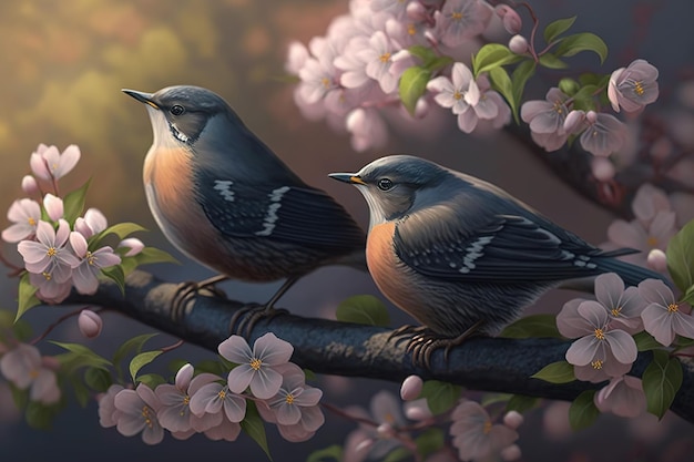 WiosnaPiękne ptaki Ptak na kwitnącej gałęzi sakury Generacyjna sztuczna inteligencja